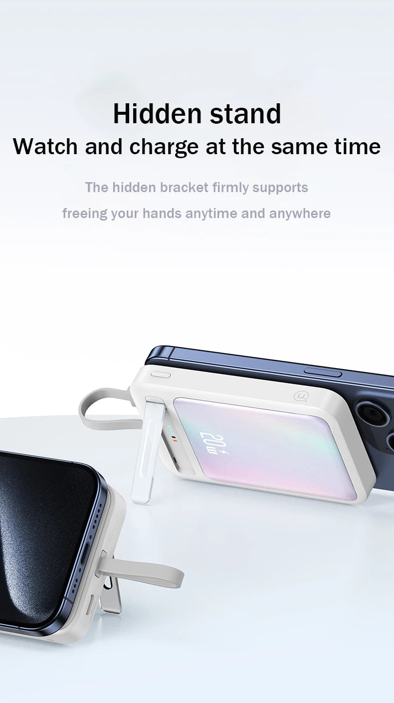 Banco de energía con Cable de datos, Banco de energía magnético para iPhone 15, teléfono móvil, carga inalámbrica rápida PD20W con soporte, Banco de energía