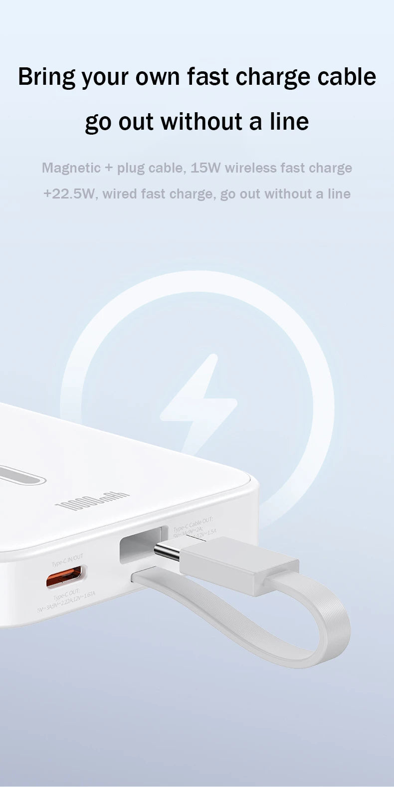 Banco de energía con Cable de datos, Banco de energía magnético para iPhone 15, teléfono móvil, carga inalámbrica rápida PD20W con soporte, Banco de energía