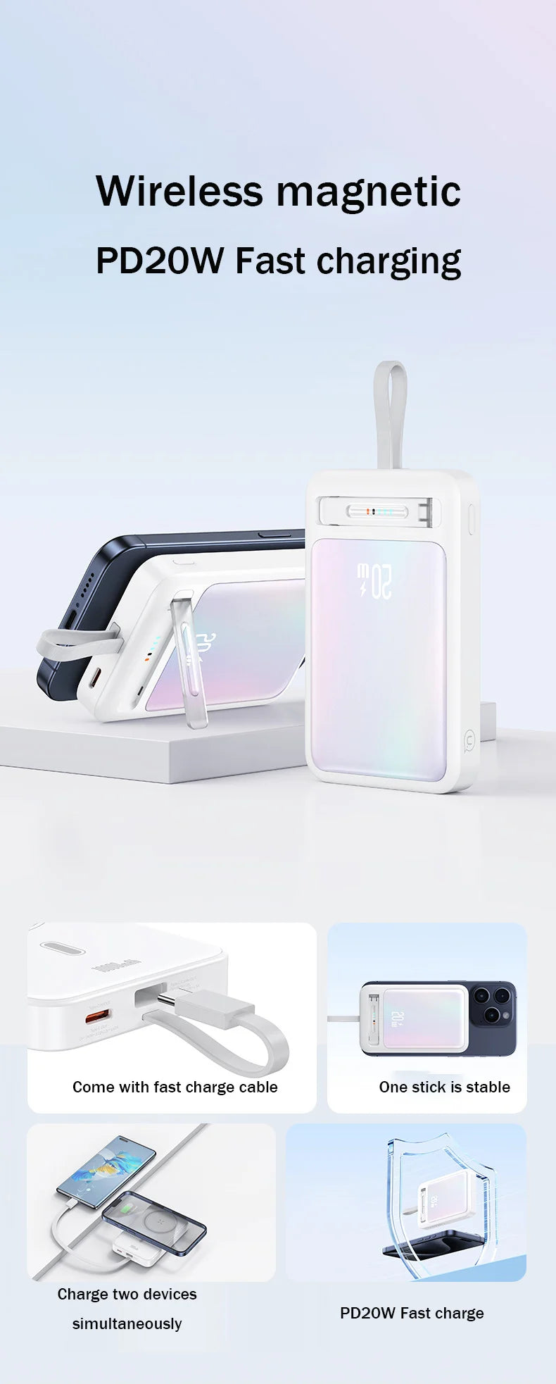 Banco de energía con Cable de datos, Banco de energía magnético para iPhone 15, teléfono móvil, carga inalámbrica rápida PD20W con soporte, Banco de energía