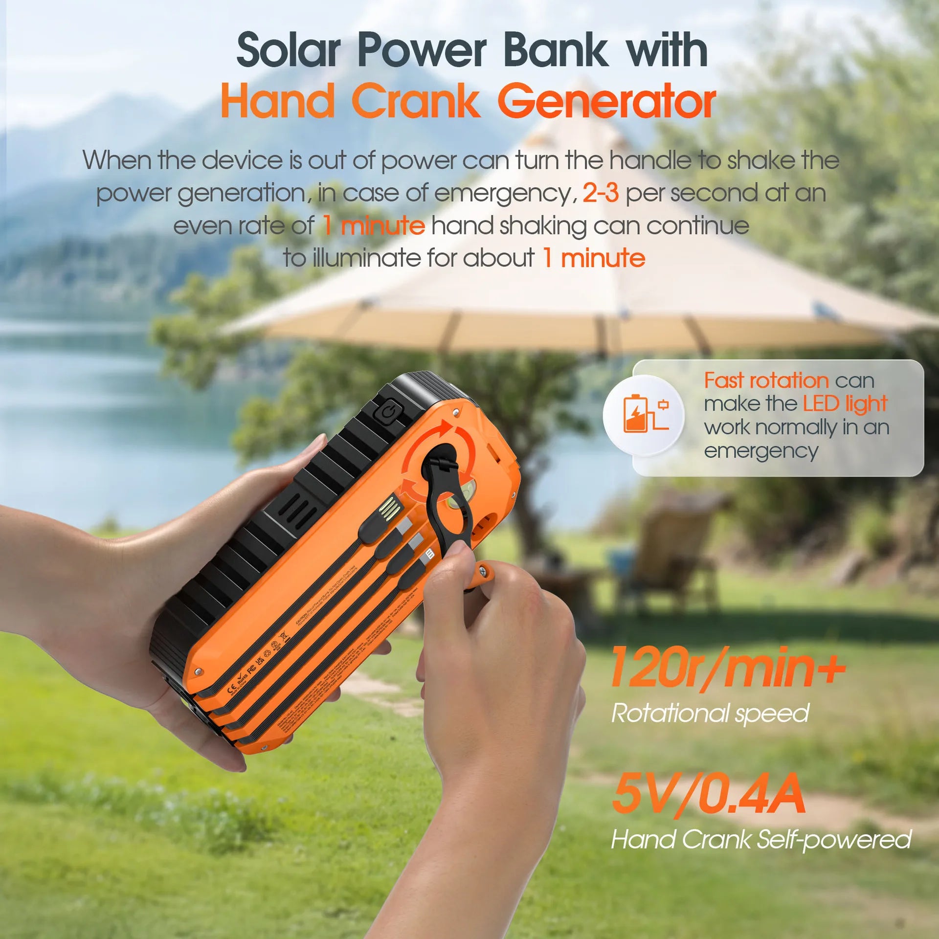 Banco de energía Solar de 40000mAh con manivela, cargador rápido portátil de 22,5 W, Cable incorporado, batería externa para teléfonos, Camping al aire libre