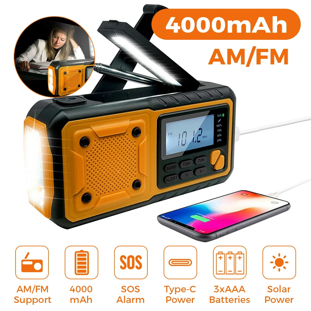 LOTOTG-Radio portátil de energía Solar de emergencia, manivela de carga AM/FM, Radio meteorológica, linterna de lectura Led, cargador de teléfono bancario