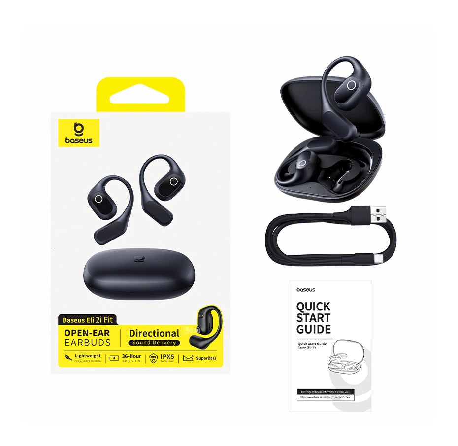 Baseus Eli 2i Fit auriculares abiertos inalámbricos verdaderos Bluetooth 6,0 ganchos para la oreja auriculares IPX5 auriculares deportivos impermeables Bass Boost