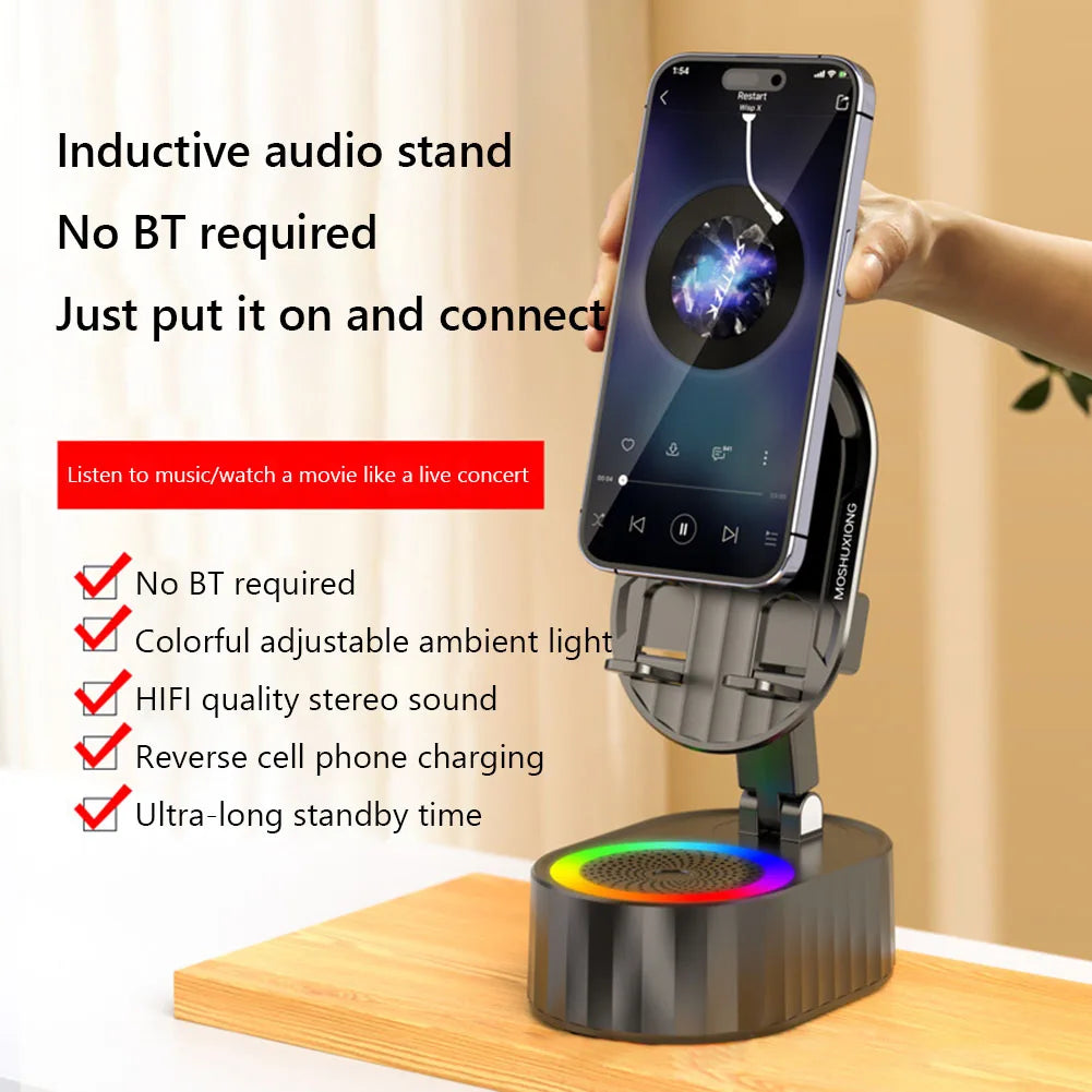 Soporte para teléfono móvil con cargador de Banco de energía, altavoz de inducción giratorio de 360 grados, multifunción para escritorio y dormitorio