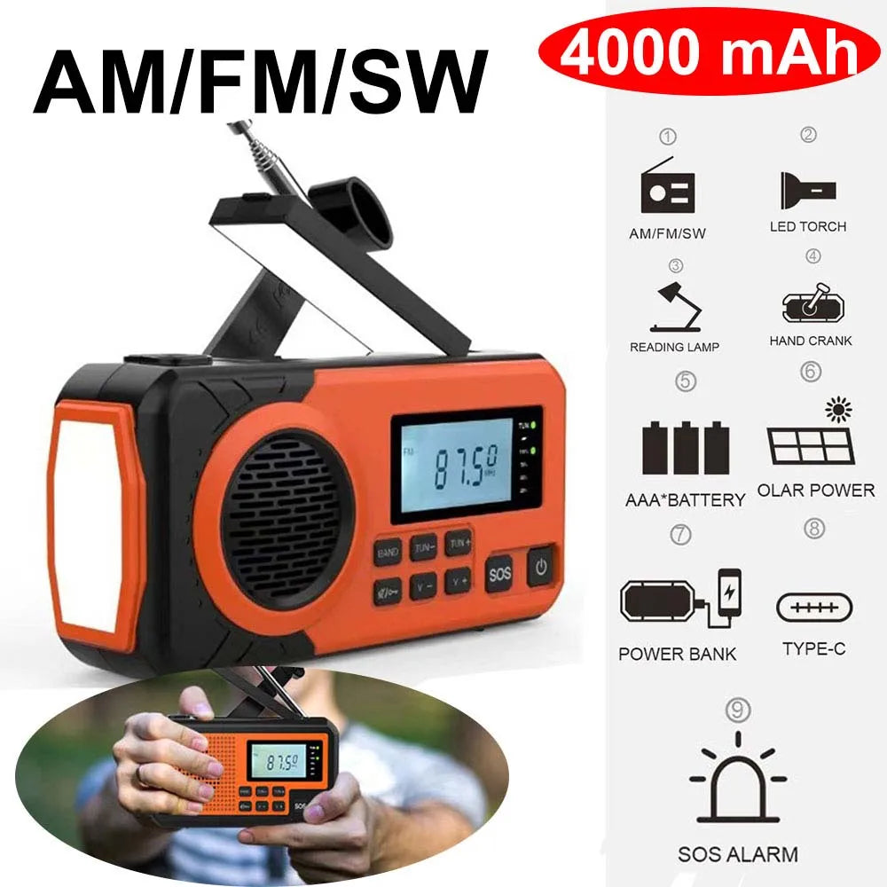 LOTOTG-Radio portátil de energía Solar de emergencia, manivela de carga AM/FM, Radio meteorológica, linterna de lectura Led, cargador de teléfono bancario