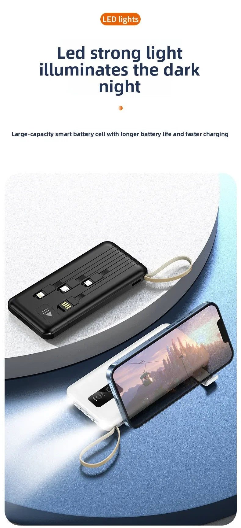 Banco de energía portátil de 20000mAh con Cable extraíble, batería externa, cargador de teléfono de carga rápida para IPhone Xiaomi Powerbank