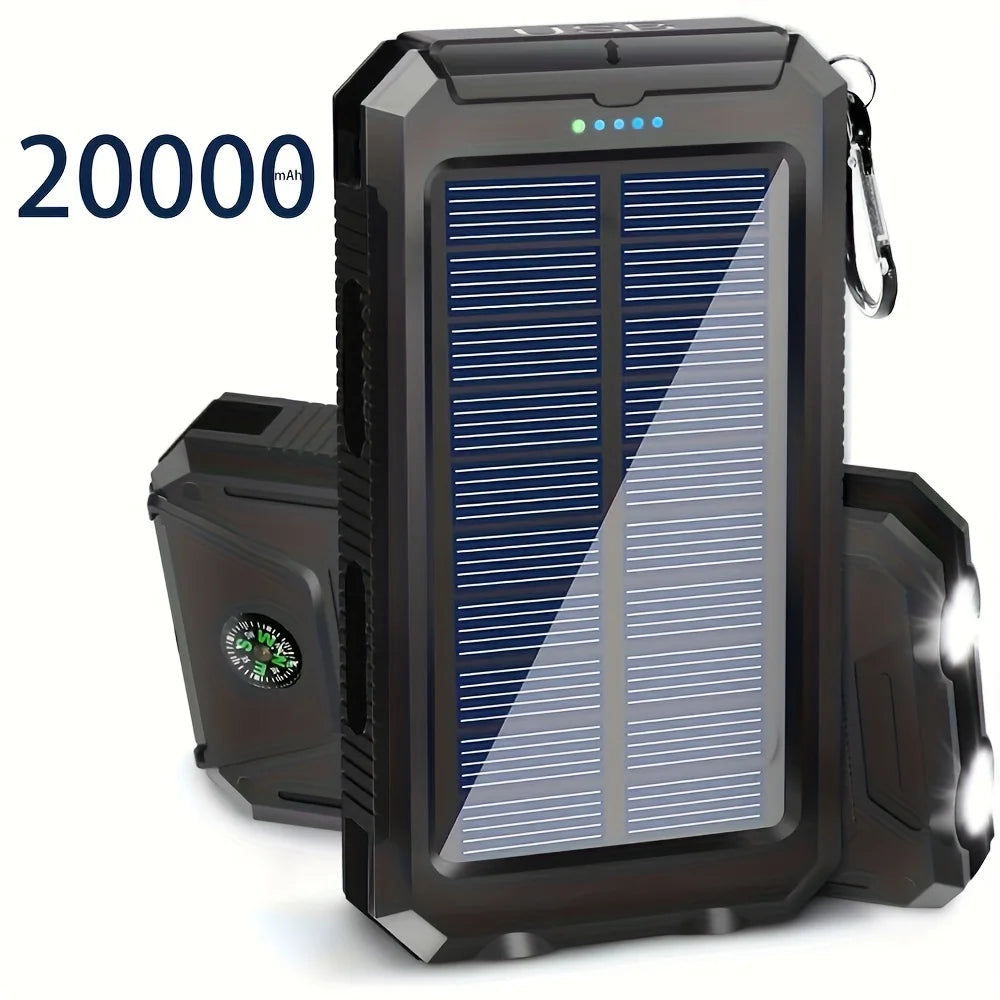 Banco de energía solar portátil de 20000 mAh, cargador solar portátil para teléfono móvil, cargador de batería externo para acampar para teléfonos móviles