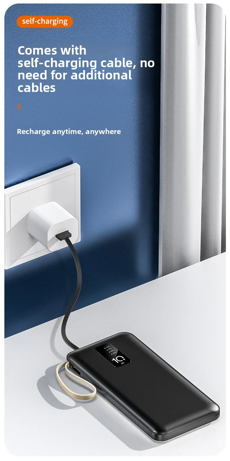 Banco de energía portátil de 20000mAh con Cable extraíble, batería externa, cargador de teléfono de carga rápida para IPhone Xiaomi Powerbank