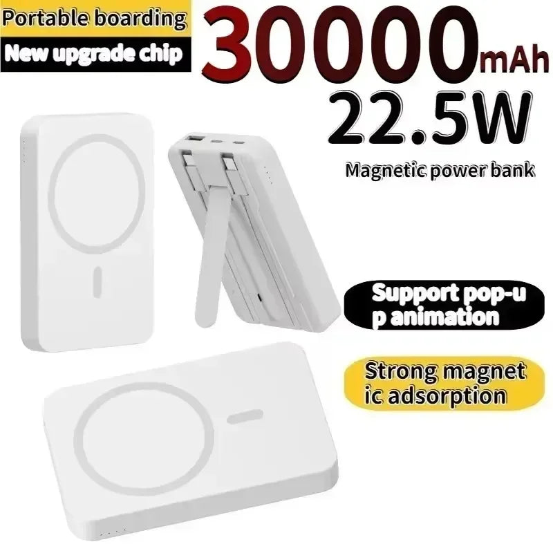 Banco de energía inalámbrico, soporte de cable incorporado, gran capacidad, carga súper rápida, banco de energía, magnético, 30000mAh, nuevo