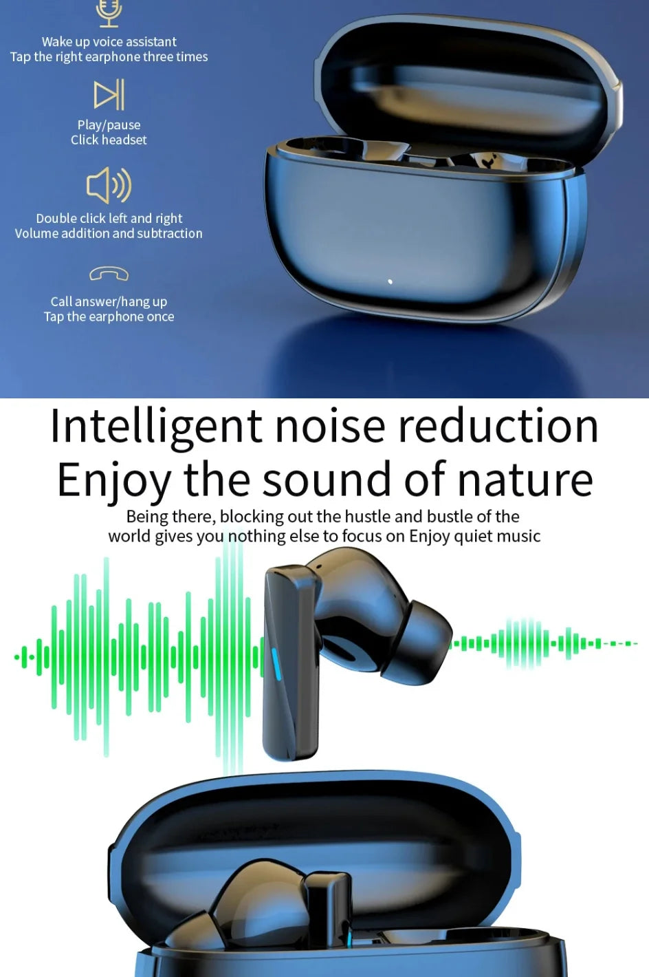 Auriculares inalámbricos verdaderos con cancelación de ruido, auriculares Bluetooth 5,3, auriculares de música HD, intrauditivos manos libres con micrófono