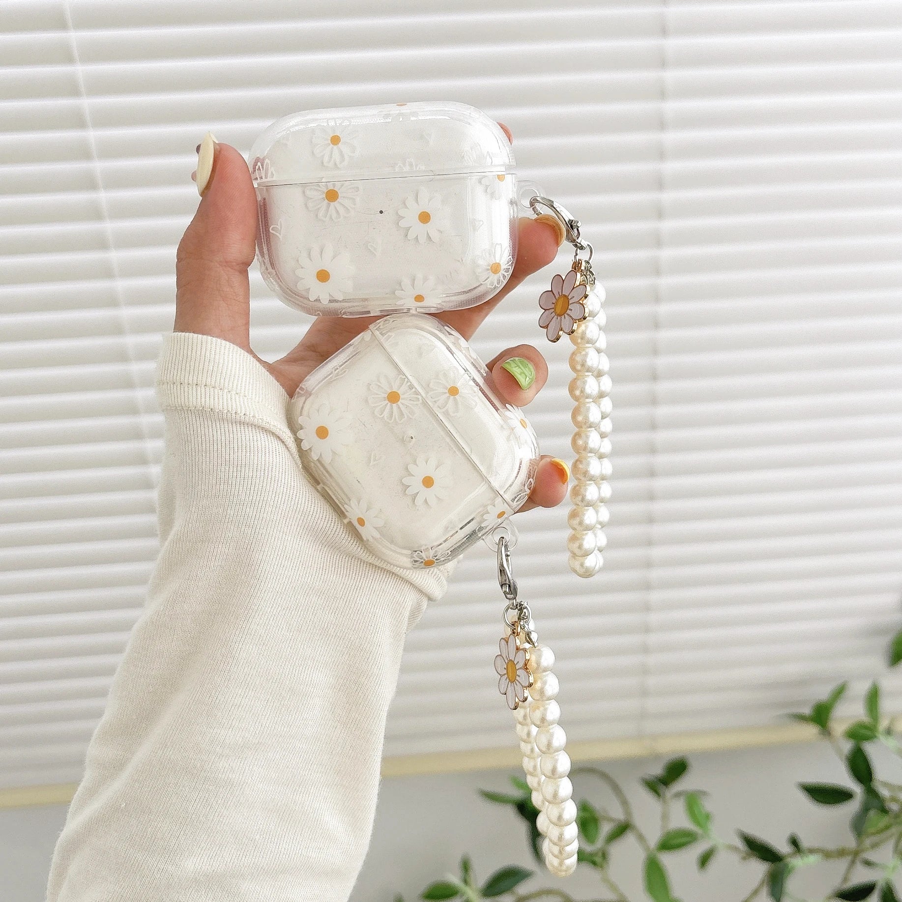 Funda inalámbrica Bluetooth para AirPods1/2, AirPods3, AirPods pro y pro2, funda para auriculares con patrón de flores de tpu y chai de perlas de imitación