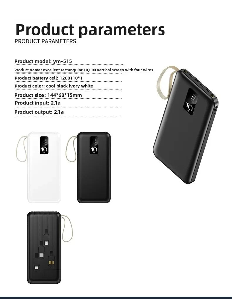 Banco de energía portátil de 20000mAh con Cable extraíble, batería externa, cargador de teléfono de carga rápida para IPhone Xiaomi Powerbank