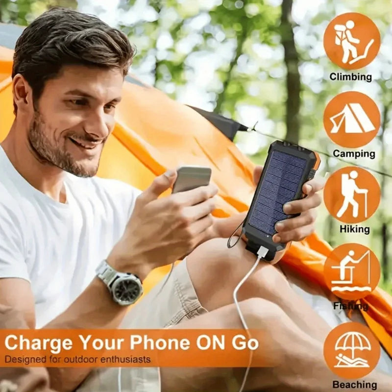 Banco de energía solar portátil de 20000 mAh, cargador solar portátil para teléfono móvil, cargador de batería externo para acampar para teléfonos móviles