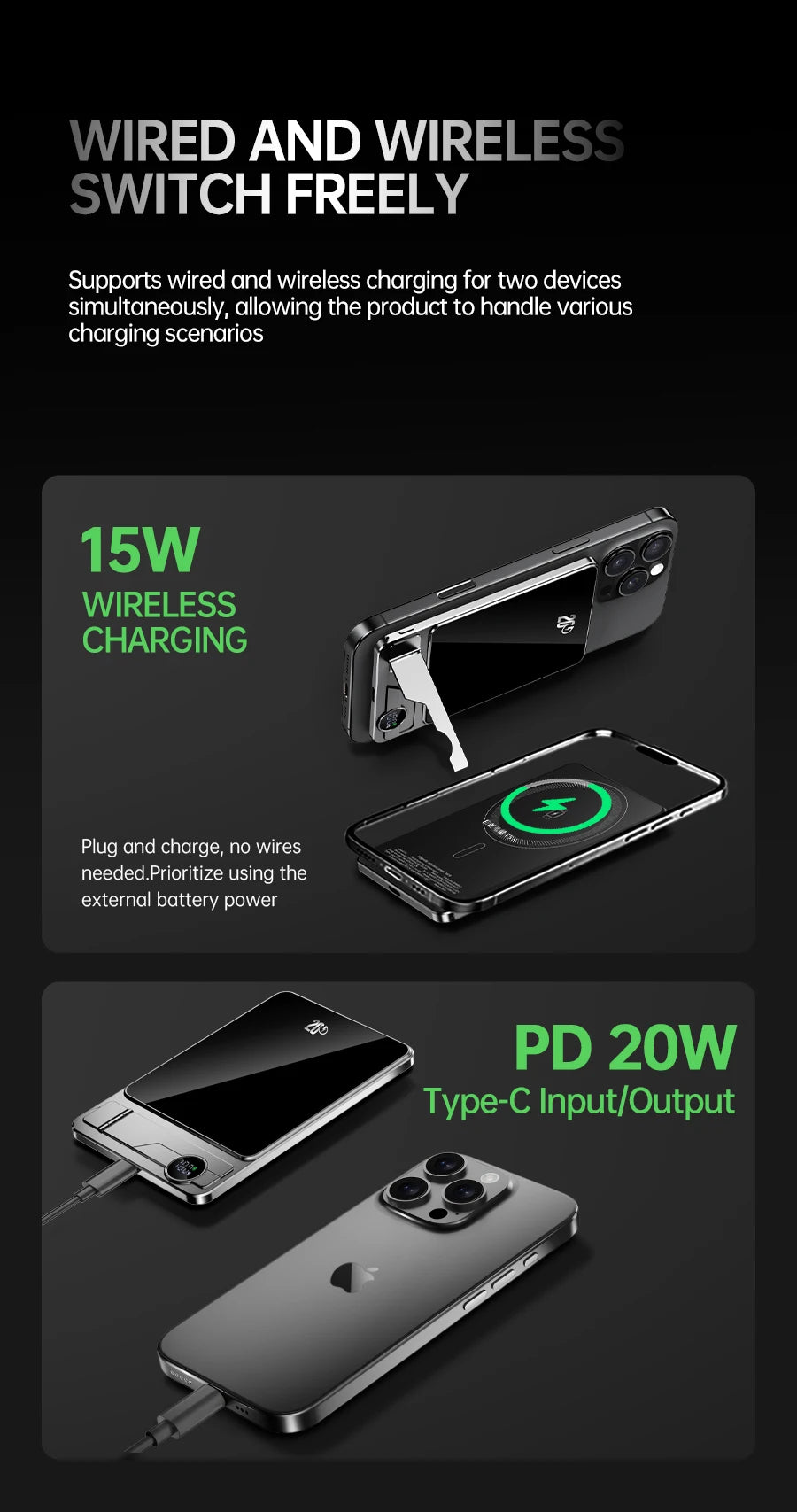 Cargador portátil Powerbank con Cable PD20W banco de energía inalámbrico 15W con soporte para teléfono pantalla LED batería de respaldo para teléfono móvil