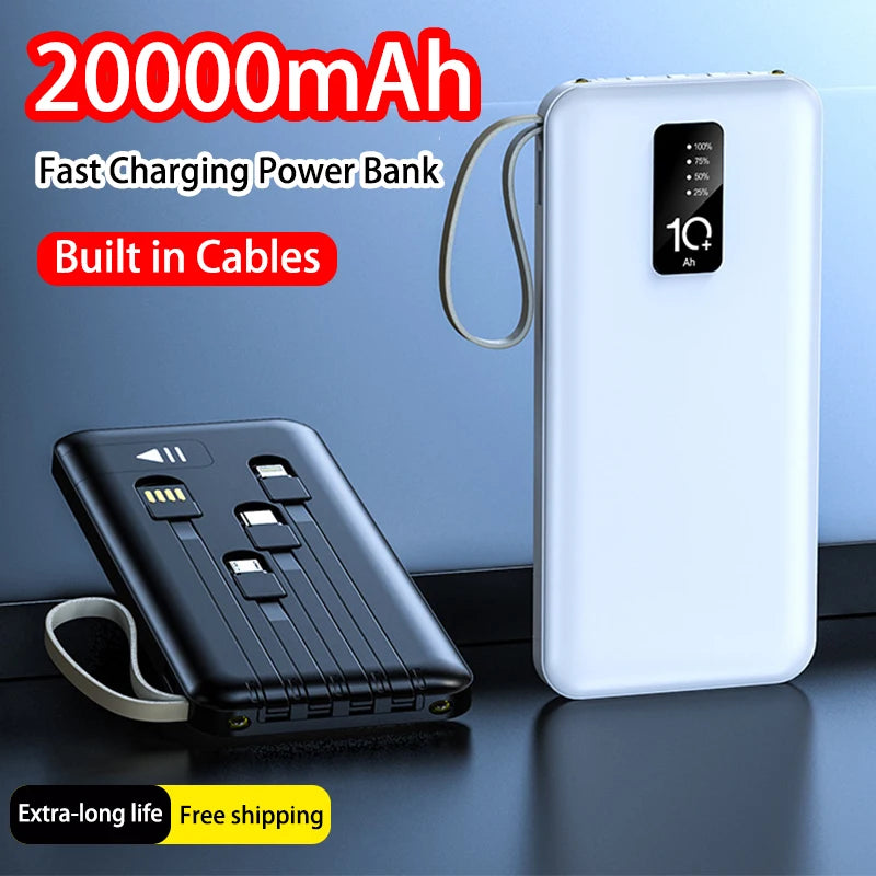Banco de energía portátil de 20000mAh con Cable extraíble, batería externa, cargador de teléfono de carga rápida para IPhone Xiaomi Powerbank