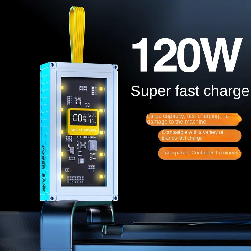 Banco de energía transparente de carga rápida para teléfonos móviles, fuente de alimentación de gran capacidad de 30000mAh, 50000mAh, 120W, BCAK