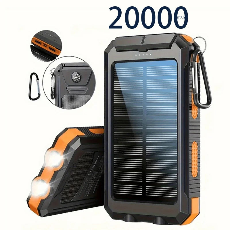 Banco de energía solar portátil de 20000 mAh, cargador solar portátil para teléfono móvil, cargador de batería externo para acampar para teléfonos móviles