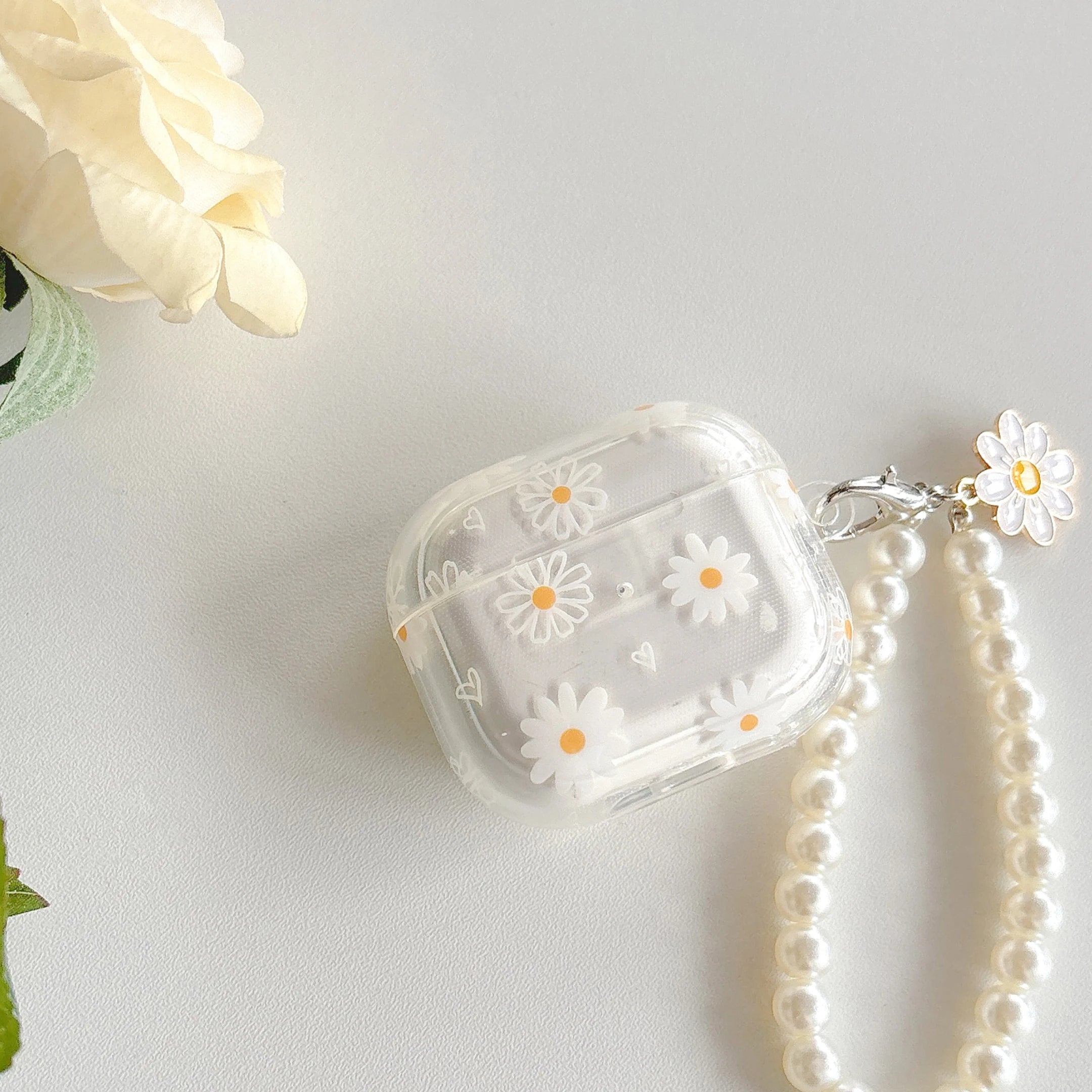 Funda inalámbrica Bluetooth para AirPods1/2, AirPods3, AirPods pro y pro2, funda para auriculares con patrón de flores de tpu y chai de perlas de imitación