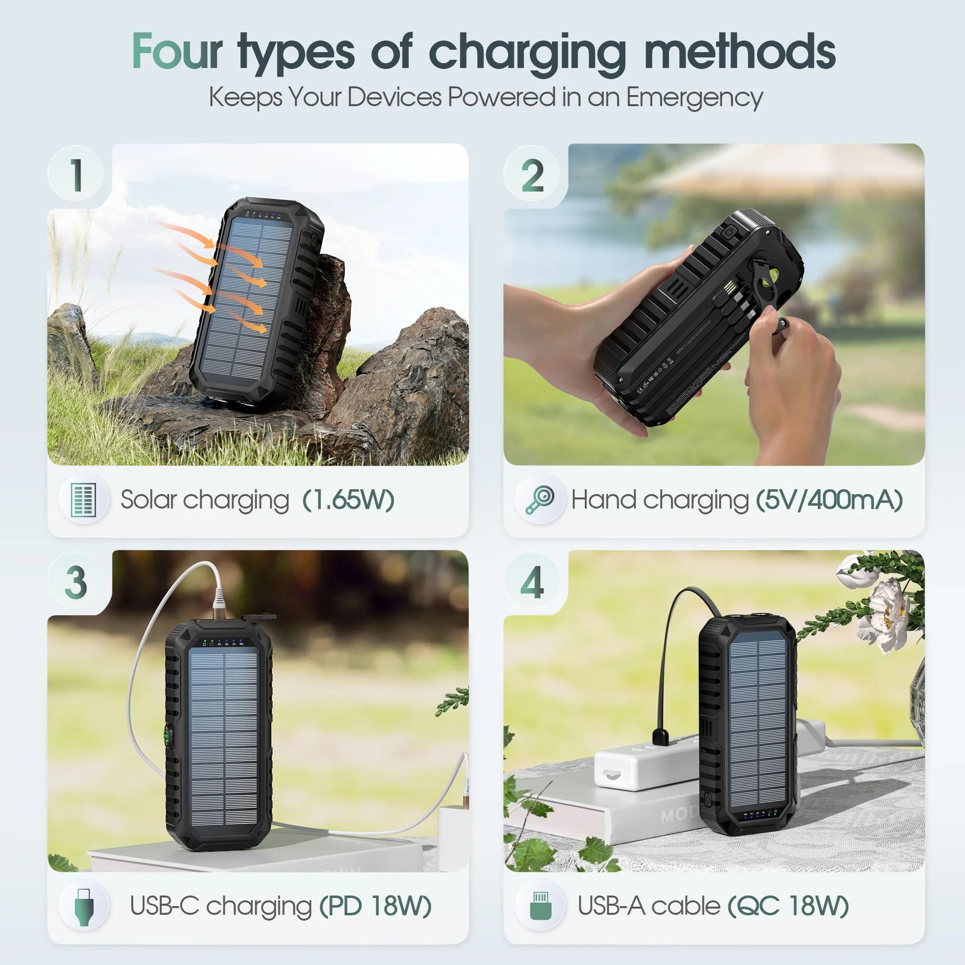 Banco de energía Solar de 40000mAh con manivela, cargador rápido portátil de 22,5 W, Cable incorporado, batería externa para teléfonos, Camping al aire libre