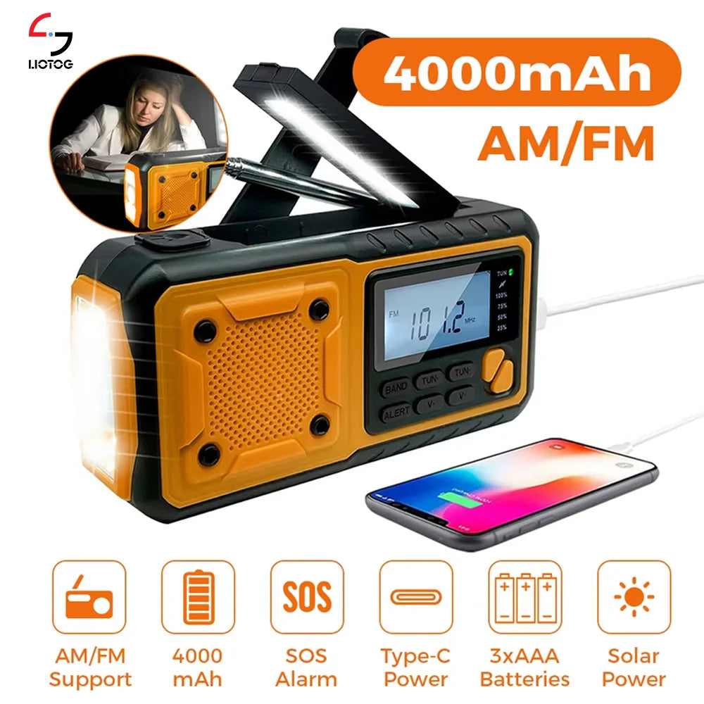 LOTOTG-Radio portátil de energía Solar de emergencia, manivela de carga AM/FM, Radio meteorológica, linterna de lectura Led, cargador de teléfono bancario