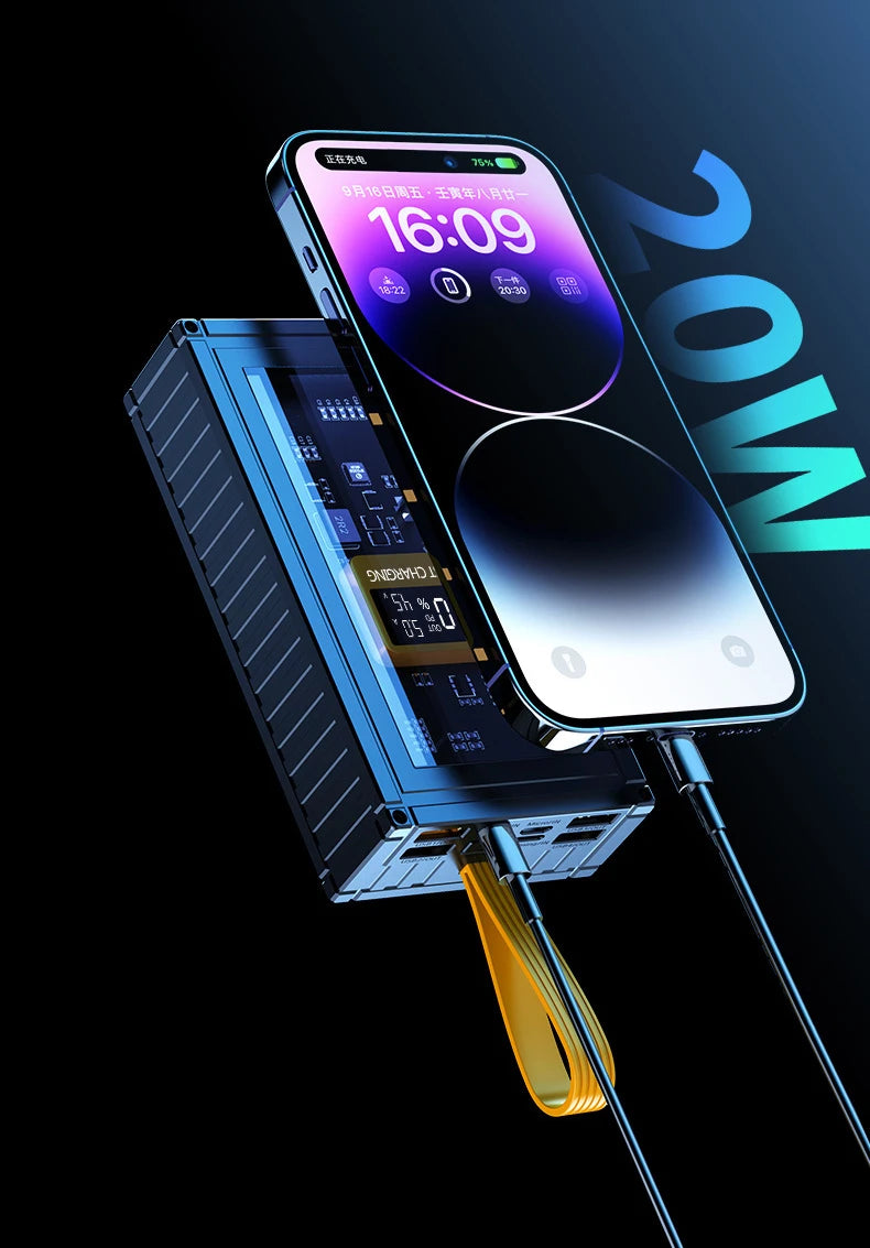Banco de energía transparente de carga rápida para teléfonos móviles, fuente de alimentación de gran capacidad de 30000mAh, 50000mAh, 120W, BCAK