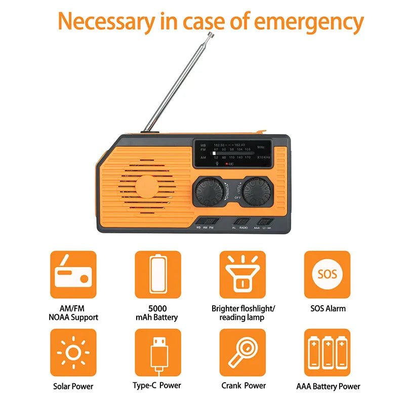 LOTOTG-Radio portátil de energía Solar de emergencia, manivela de carga AM/FM, Radio meteorológica, linterna de lectura Led, cargador de teléfono bancario
