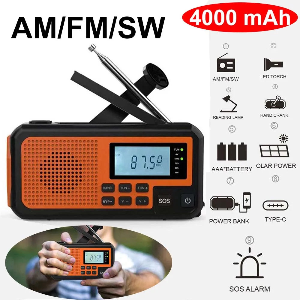 LOTOTG-Radio portátil de energía Solar de emergencia, manivela de carga AM/FM, Radio meteorológica, linterna de lectura Led, cargador de teléfono bancario