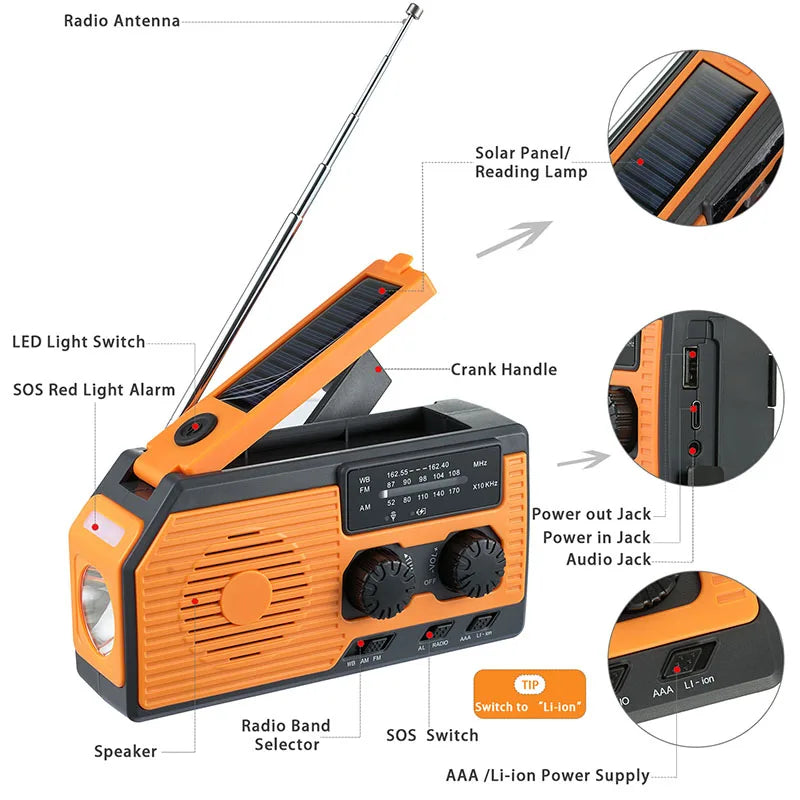 LOTOTG-Radio portátil de energía Solar de emergencia, manivela de carga AM/FM, Radio meteorológica, linterna de lectura Led, cargador de teléfono bancario