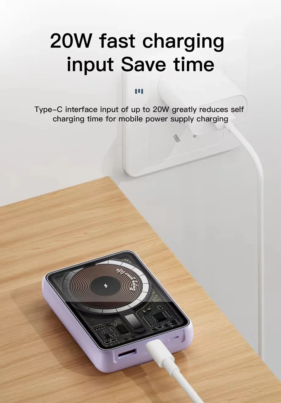 Banco de energía transparente inalámbrico magnético portátil de 10000mAh compatible con fuente de alimentación móvil de carga PD20W 15W para iPhone