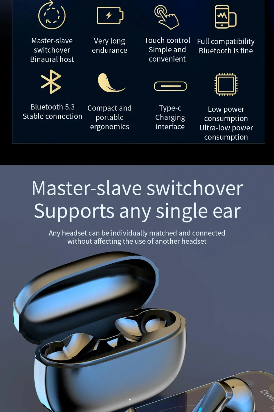 Auriculares inalámbricos verdaderos con cancelación de ruido, auriculares Bluetooth 5,3, auriculares de música HD, intrauditivos manos libres con micrófono