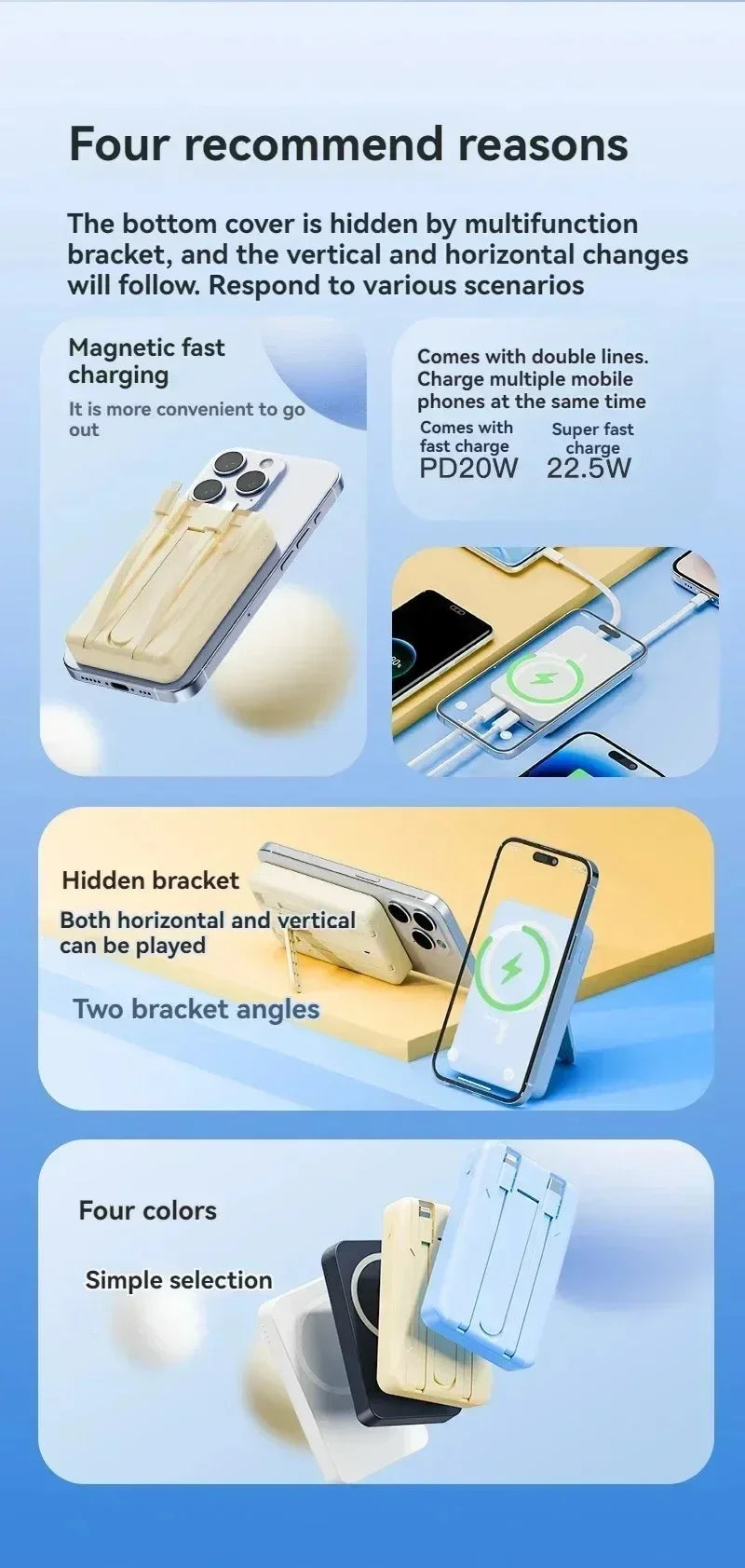 Banco de energía inalámbrico, soporte de cable incorporado, gran capacidad, carga súper rápida, banco de energía, magnético, 30000mAh, nuevo