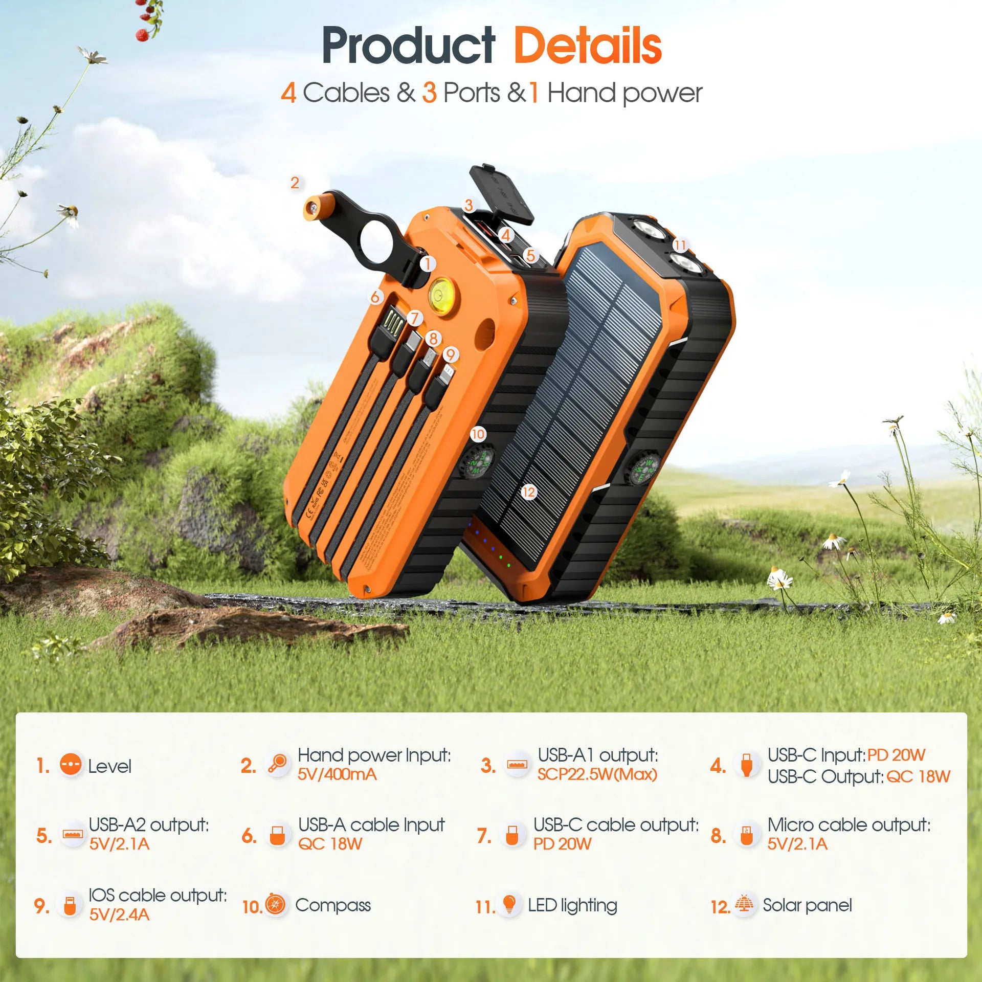 Banco de energía Solar de 40000mAh con manivela, cargador rápido portátil de 22,5 W, Cable incorporado, batería externa para teléfonos, Camping al aire libre