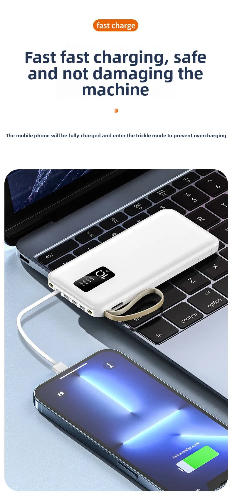 Banco de energía portátil de 20000mAh con Cable extraíble, batería externa, cargador de teléfono de carga rápida para IPhone Xiaomi Powerbank