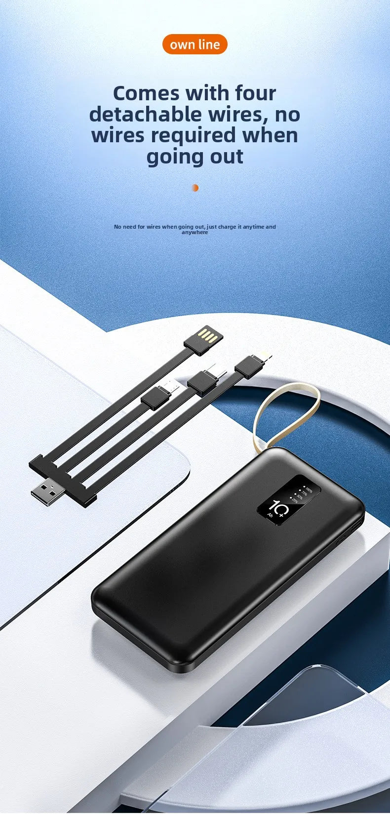Banco de energía portátil de 20000mAh con Cable extraíble, batería externa, cargador de teléfono de carga rápida para IPhone Xiaomi Powerbank