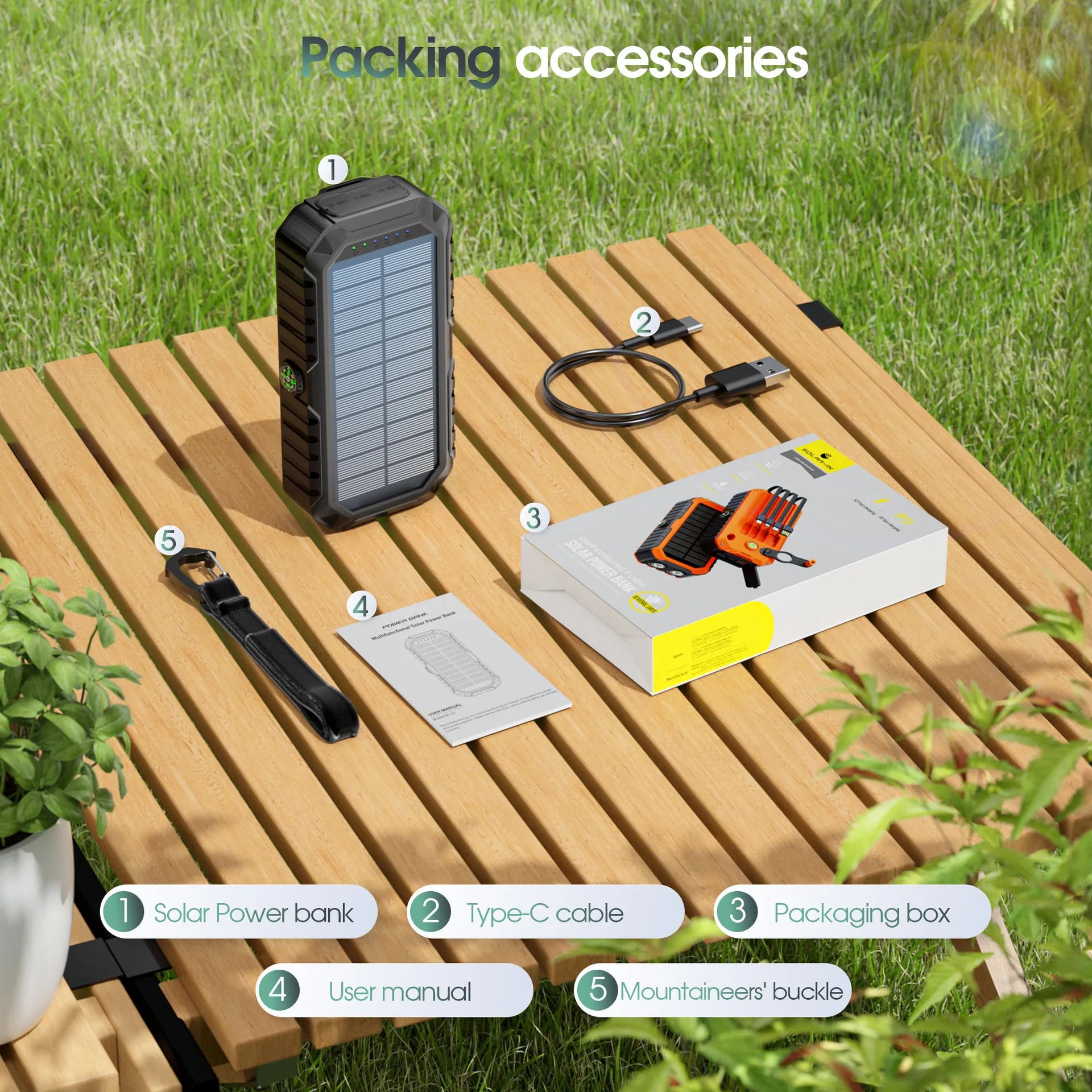 Banco de energía Solar de 40000mAh con manivela, cargador rápido portátil de 22,5 W, Cable incorporado, batería externa para teléfonos, Camping al aire libre