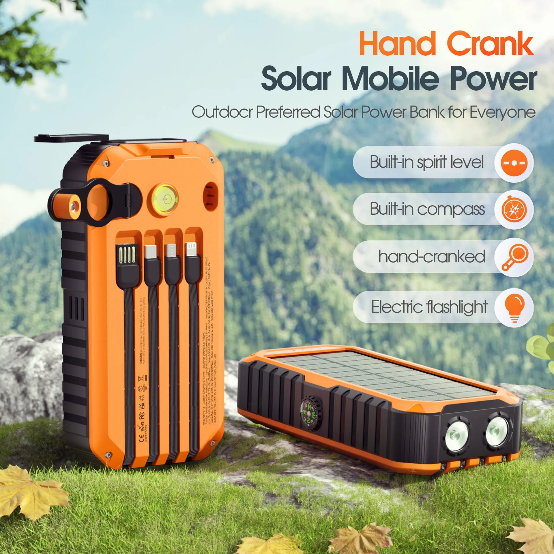 Banco de energía Solar de 40000mAh con manivela, cargador rápido portátil de 22,5 W, Cable incorporado, batería externa para teléfonos, Camping al aire libre