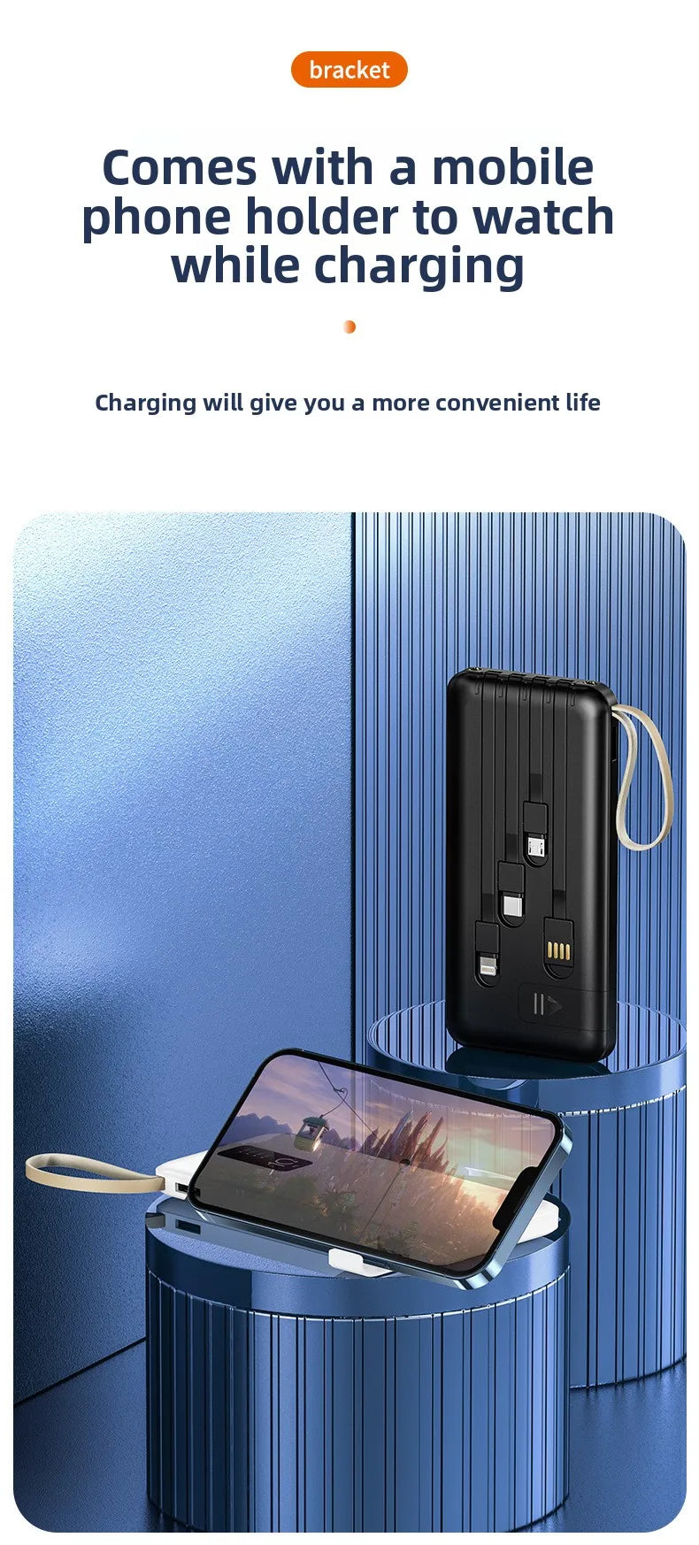 Banco de energía portátil de 20000mAh con Cable extraíble, batería externa, cargador de teléfono de carga rápida para IPhone Xiaomi Powerbank