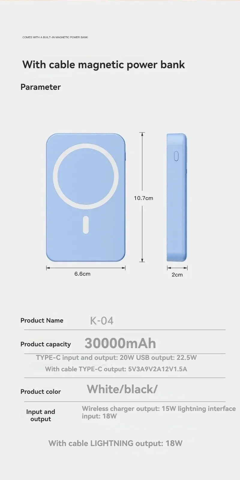 Banco de energía inalámbrico, soporte de cable incorporado, gran capacidad, carga súper rápida, banco de energía, magnético, 30000mAh, nuevo