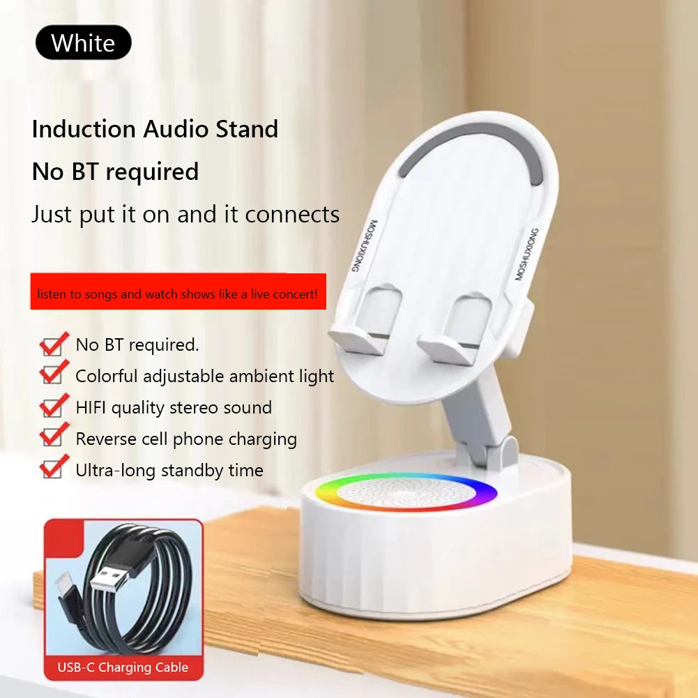 Soporte para teléfono móvil con cargador de Banco de energía, altavoz de inducción giratorio de 360 grados, multifunción para escritorio y dormitorio