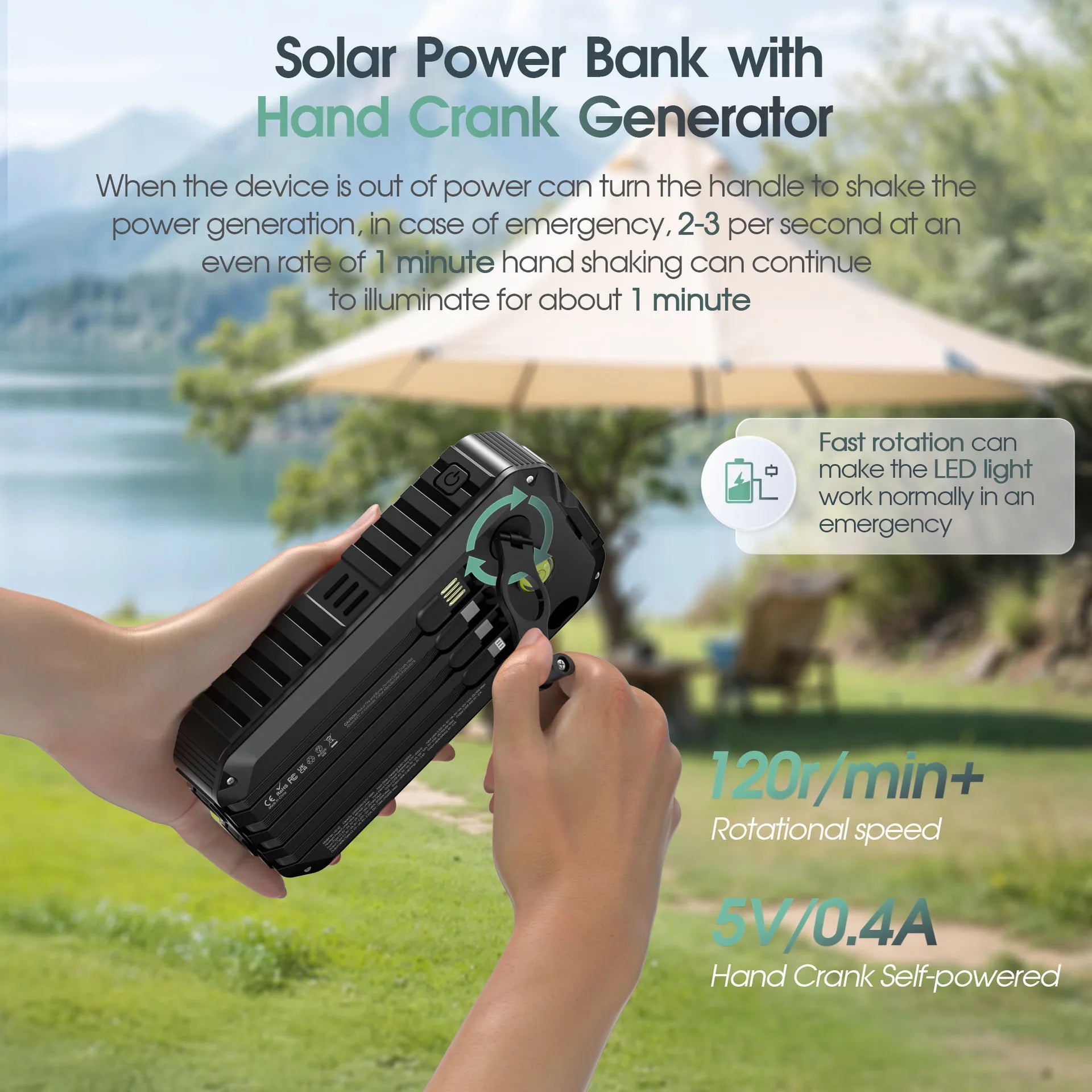 Banco de energía Solar de 40000mAh con manivela, cargador rápido portátil de 22,5 W, Cable incorporado, batería externa para teléfonos, Camping al aire libre