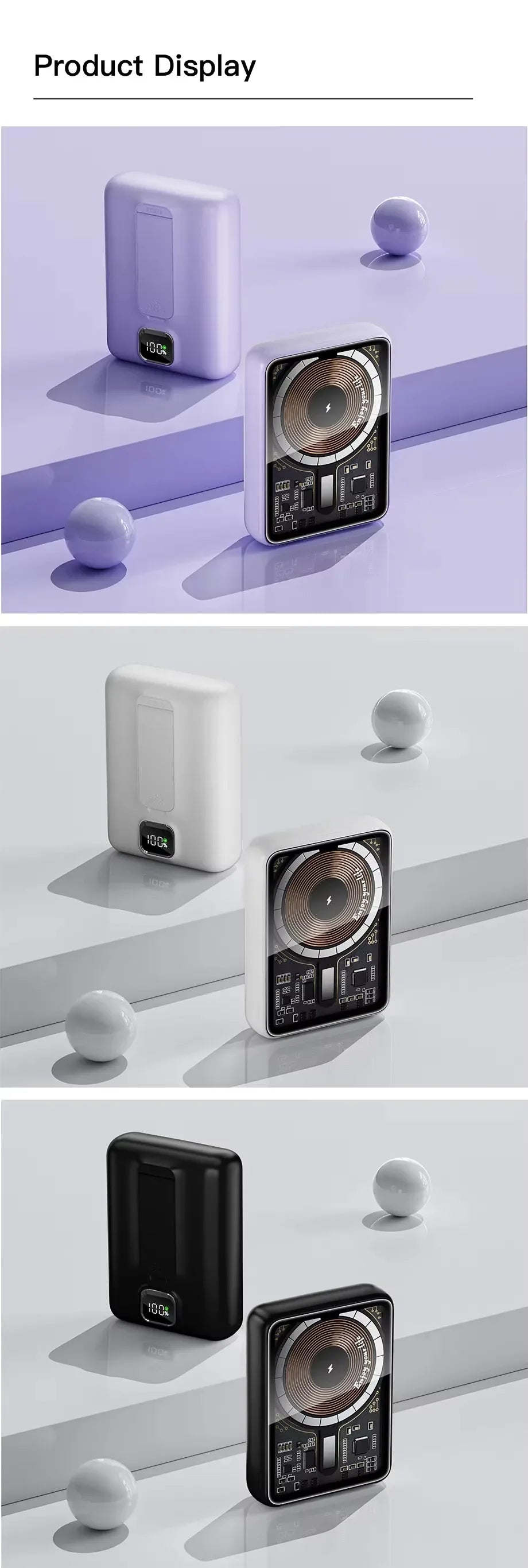 Banco de energía transparente inalámbrico magnético portátil de 10000mAh compatible con fuente de alimentación móvil de carga PD20W 15W para iPhone