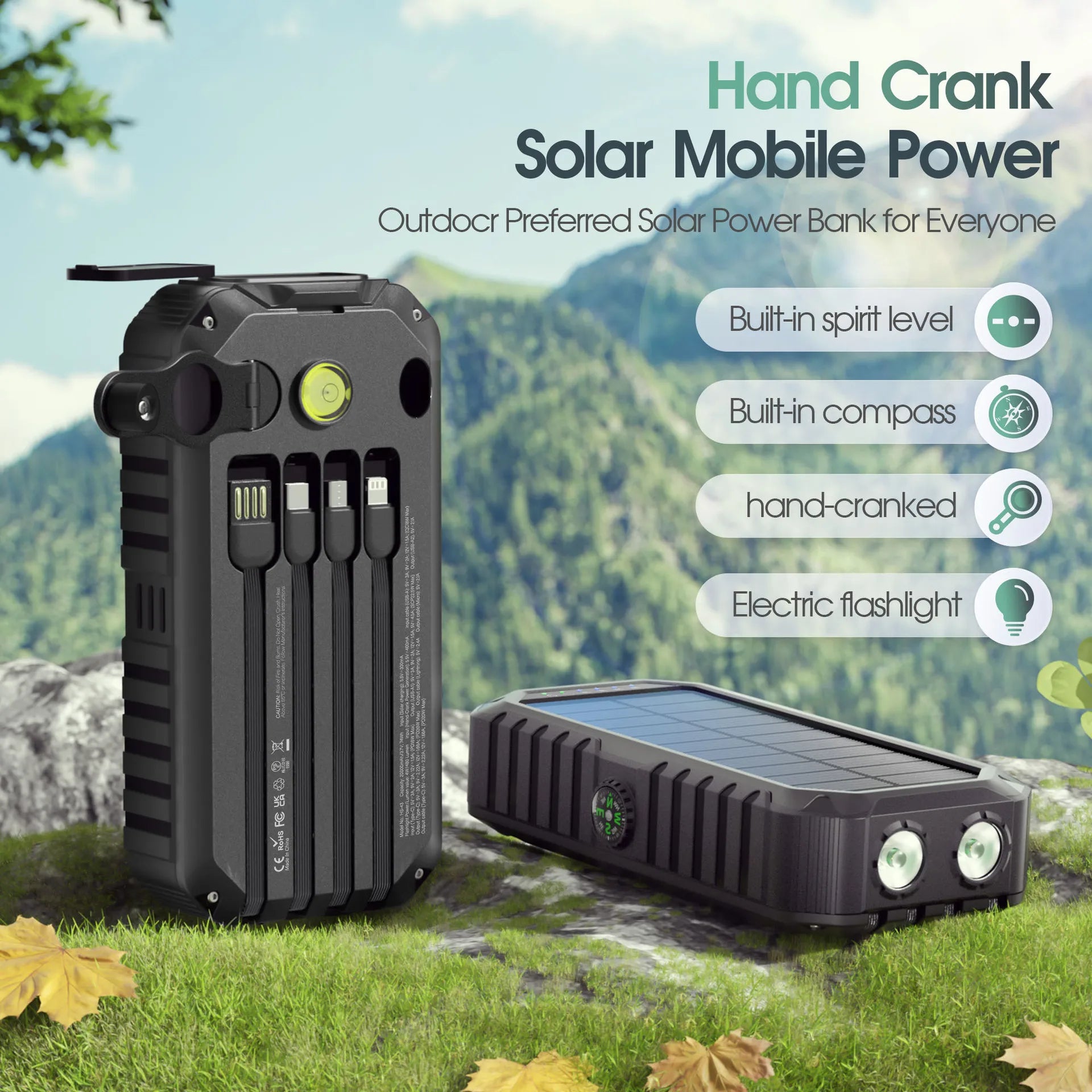 Banco de energía Solar de 40000mAh con manivela, cargador rápido portátil de 22,5 W, Cable incorporado, batería externa para teléfonos, Camping al aire libre