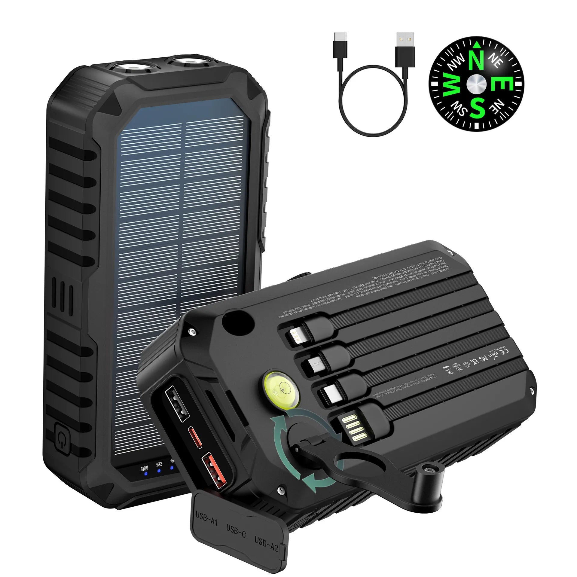 Banco de energía Solar de 40000mAh con manivela, cargador rápido portátil de 22,5 W, Cable incorporado, batería externa para teléfonos, Camping al aire libre