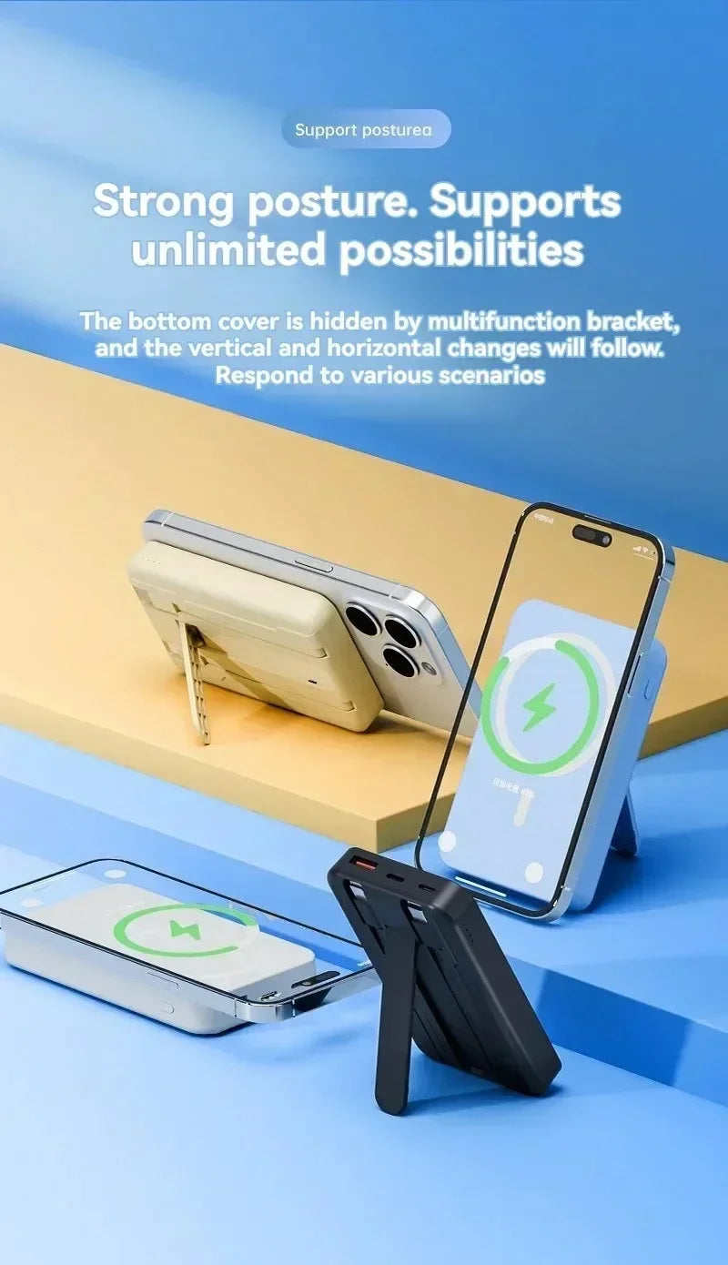 Banco de energía inalámbrico, soporte de cable incorporado, gran capacidad, carga súper rápida, banco de energía, magnético, 30000mAh, nuevo