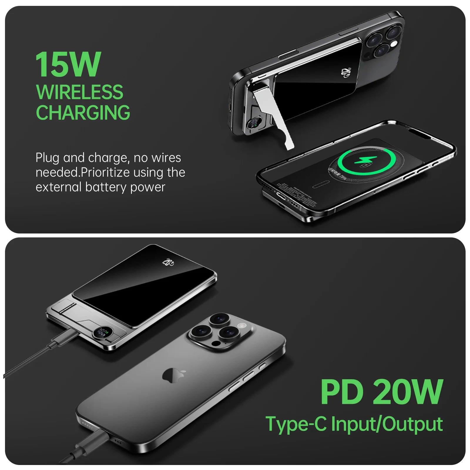 Cargador portátil Powerbank con Cable PD20W banco de energía inalámbrico 15W con soporte para teléfono pantalla LED batería de respaldo para teléfono móvil
