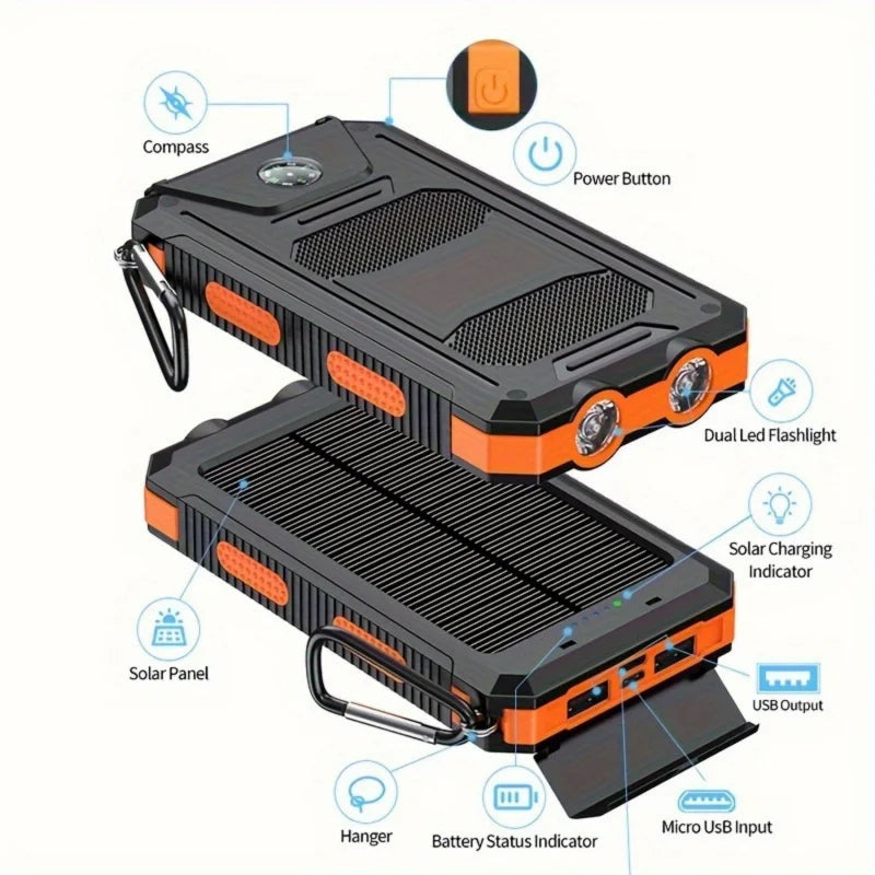 Banco de energía solar portátil de 20000 mAh, cargador solar portátil para teléfono móvil, cargador de batería externo para acampar para teléfonos móviles