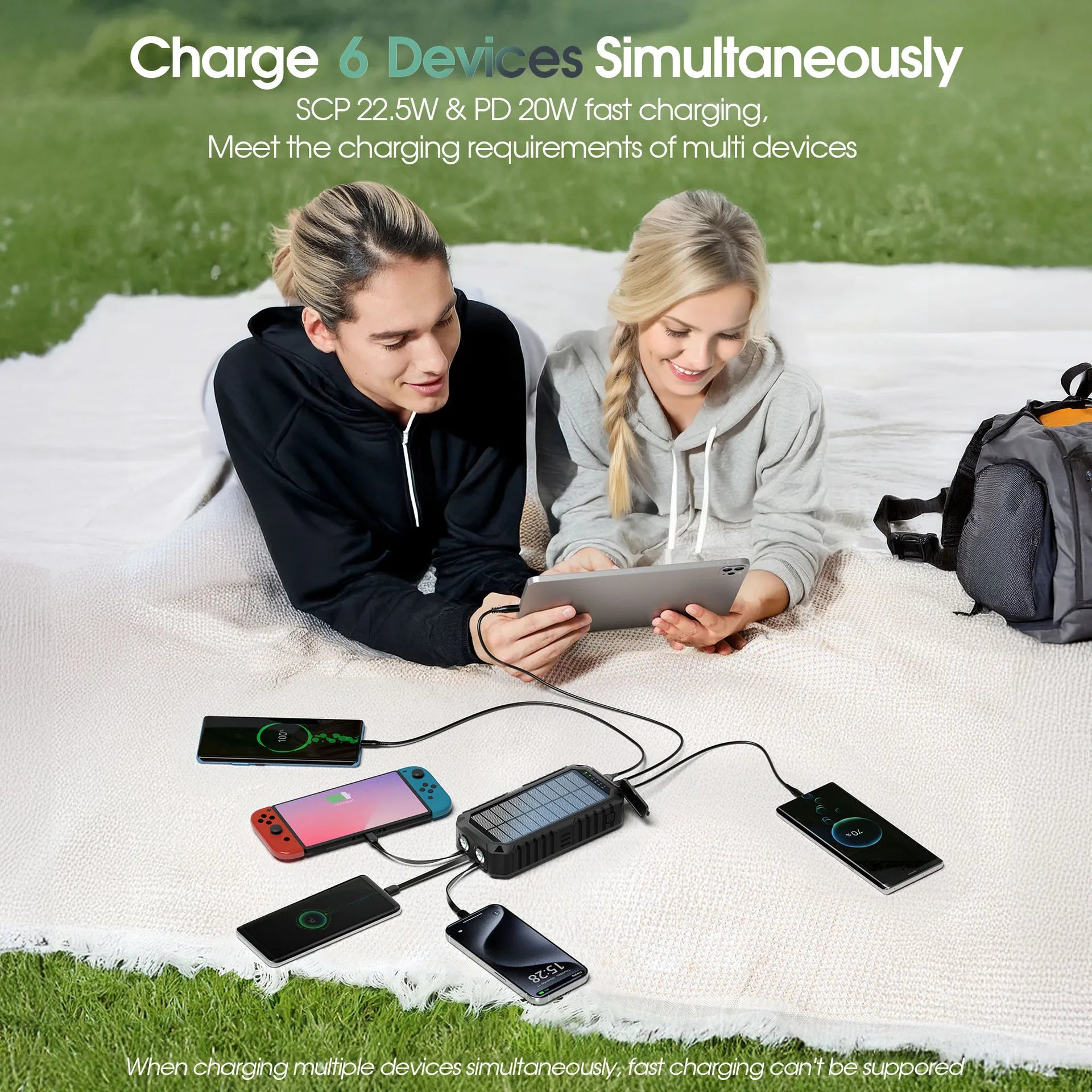 Banco de energía Solar de 40000mAh con manivela, cargador rápido portátil de 22,5 W, Cable incorporado, batería externa para teléfonos, Camping al aire libre