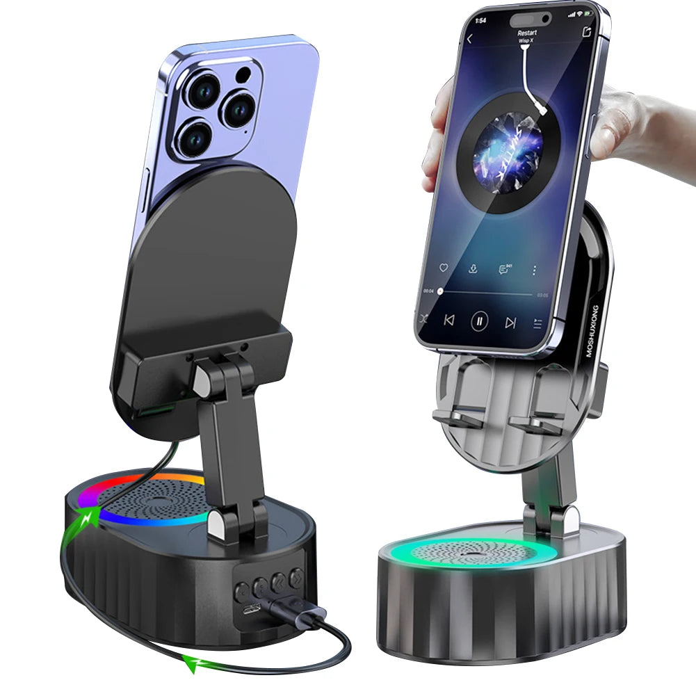 Soporte para teléfono móvil con cargador de Banco de energía, altavoz de inducción giratorio de 360 grados, multifunción para escritorio y dormitorio
