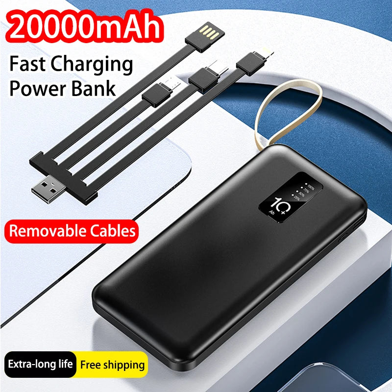 Banco de energía portátil de 20000mAh con Cable extraíble, batería externa, cargador de teléfono de carga rápida para IPhone Xiaomi Powerbank