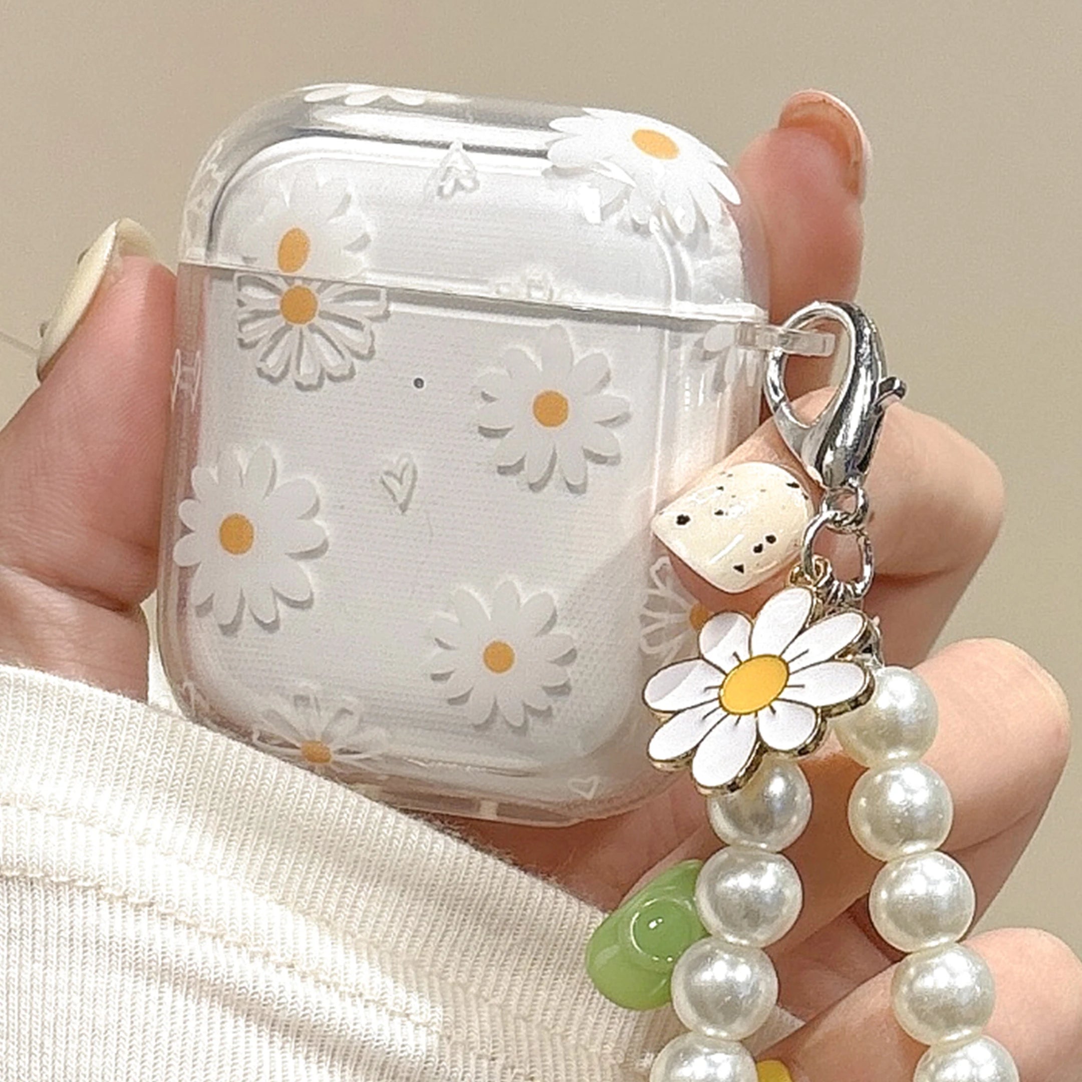 Funda inalámbrica Bluetooth para AirPods1/2, AirPods3, AirPods pro y pro2, funda para auriculares con patrón de flores de tpu y chai de perlas de imitación