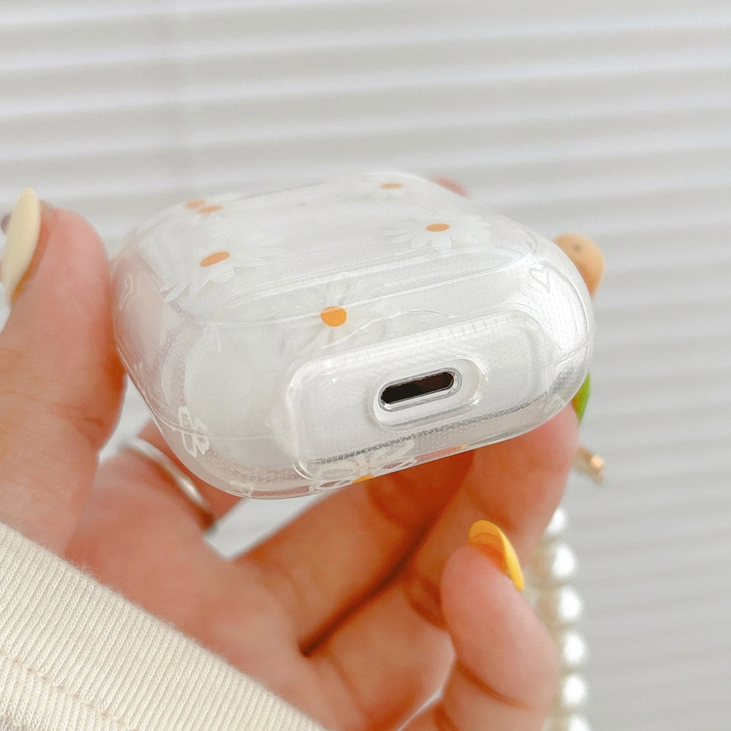 Funda inalámbrica Bluetooth para AirPods1/2, AirPods3, AirPods pro y pro2, funda para auriculares con patrón de flores de tpu y chai de perlas de imitación